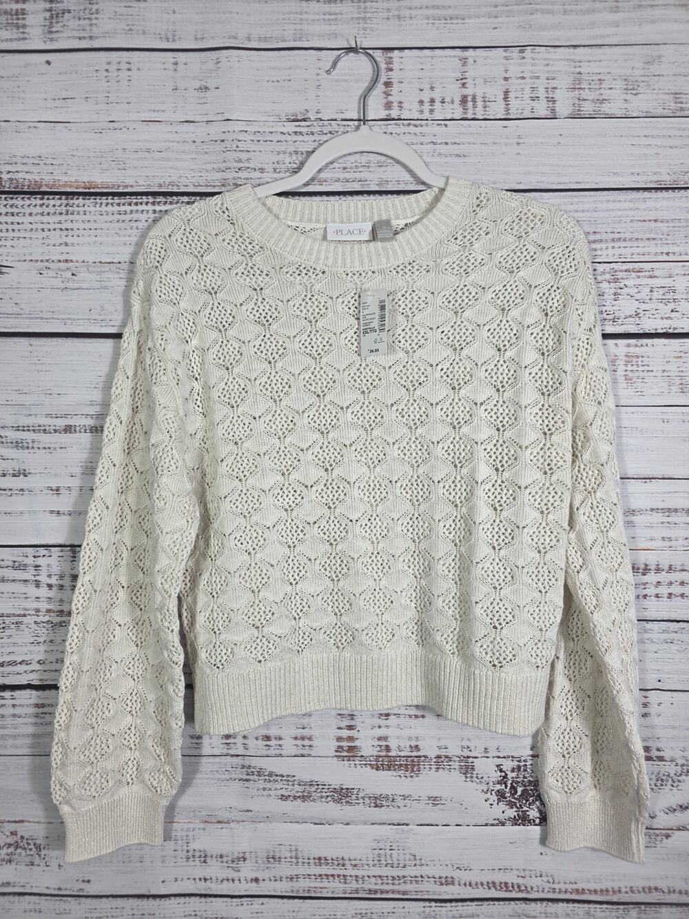Children's Place Girls Long Sleeve Stitched Sweater White with Gold Accents 16